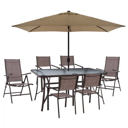 DINING SET TABLE WITH MOCHA UMBRELLA & FOLDABLE ARMCHAIRS WITH BROWN TEXTILINE HM11493