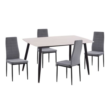 DINING SET 5PCS RAVEN HM21071.03 CERAMIC TOP WHITE MARBLE--GREY VELVET