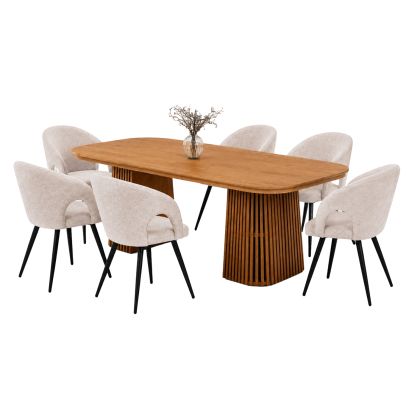 DINING SET 7PCS EXTENDABLE CORNEL HM12107.02 MDF--FABRIC IN BEIGE