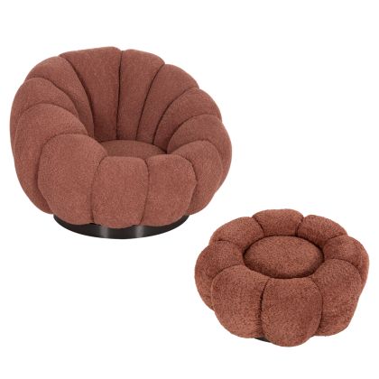 SET SWIVELLING ARMCHAIR WITH ROUND STOOL GRYMM HM10928.02 PINK BOUCLE FABRIC