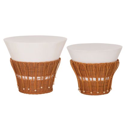SET 2PCS COFFEE TABLES PERRAL HM21138.02 FIBER CEMENT IN WHITE--NATURAL RATTAN DECOR