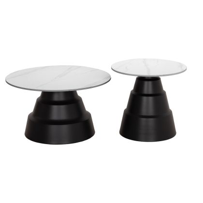 SET 2 COFFEE TABLES LIDOX HM18306.02 SINTERED STONE TOPS IN SNOW WHITE COLOR Φ50cm & Φ70cm