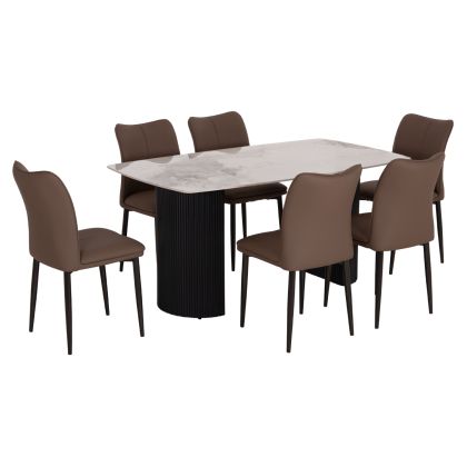 DINING SET 7PCS MINAO HM21362 CERAMIC TOP/MDF LEGS--PU IN COFFEE BROWN/METAL LEGS