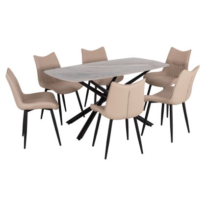 DINING SET 7PCS ISKA HM21363 CERAMIC TOP/METAL LEGS--PU IN BEIGE (TORTORA)/METAL LEGS