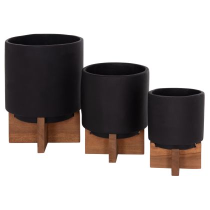 SET 3 POTS/VASES WITH TEAK BASES TANTI HM4685.01 FIBER CEMENT IN BLACK