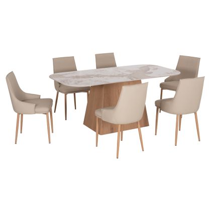 DINING SET 7PCS NORDU HM21359 CERAMIC TOP/MDF LEGS--PU IN CREAM/METAL LEGS