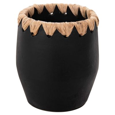 DECORATIVE VASE HM4368 TERRACOTTA IN BLACK WITH STRAW WEAVING ON THE RIM Φ13x16Hcm.