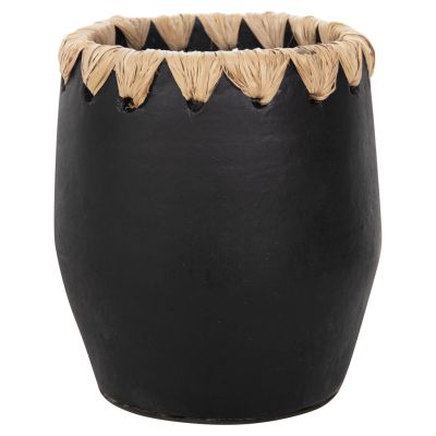 DECORATIVE VASE HM4368 TERRACOTTA IN BLACK WITH STRAW WEAVING ON THE RIM Φ13x16Hcm.
