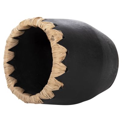DECORATIVE VASE HM4368 TERRACOTTA IN BLACK WITH STRAW WEAVING ON THE RIM Φ13x16Hcm.