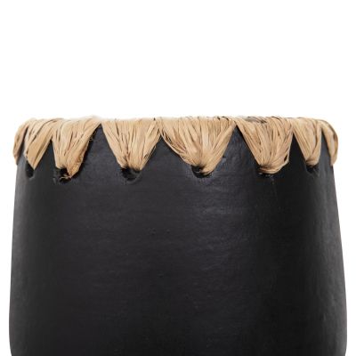DECORATIVE VASE HM4368 TERRACOTTA IN BLACK WITH STRAW WEAVING ON THE RIM Φ13x16Hcm.