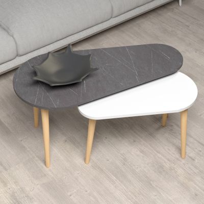 COFFEE TABLES 2PCS APRILIA HM18179.01 MELAMINE IN ANTHRACITE & WHITE-WOODEN LEGS IN NATURAL 95x47x47Hcm