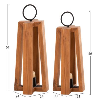 LANTERNS FOR CANDLES WITH RING HANDLES HM4276 TEAK WOOD IN NATURAL 24x24x50-61H cm.