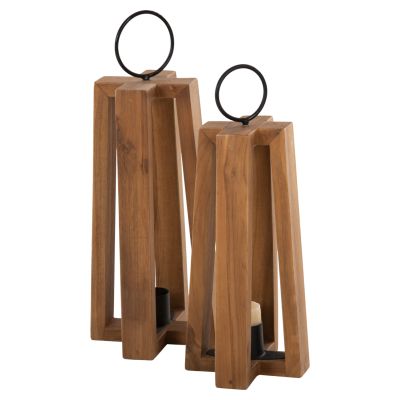 LANTERNS FOR CANDLES WITH RING HANDLES HM4276 TEAK WOOD IN NATURAL 24x24x50-61H cm.
