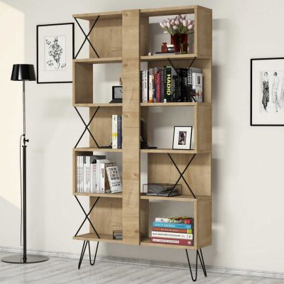 BOOKCASE MELAMINE HM9496.01 NATURAL OAK COLOR-BLACK METALLIC LEGS 90x22x167.3Hcm.