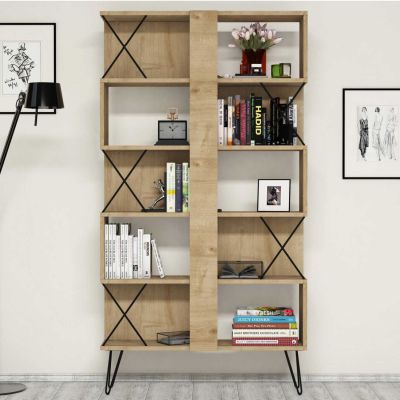 BOOKCASE MELAMINE HM9496.01 NATURAL OAK COLOR-BLACK METALLIC LEGS 90x22x167.3Hcm.