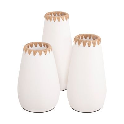 КОМПЛЕКТ 3БР. ДЕКОРАТИВНИ ВАЗИ HM4373 ТЕРАКОТА В БЯЛО СЪС СЛАМОПЛЕТЕНЕ ПО РАНИЦАТА