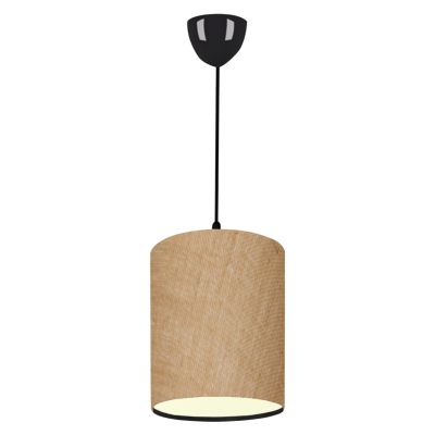 PENDANT CEILING LAMP HM7623.01 BLACK PILLAR, SAND-COLORED JUTE FABRIC DRUM SHADE
