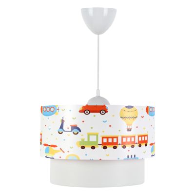 PENDANT CEILING LAMP HM7573.01 KIDS’ ROOM DOUBLE WHITE DRUM SHADE WITH MULTICOLORED TRANSPORT TOY FIGURES