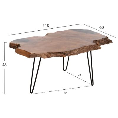 COFFEE TABLE GLAZE HM9750 TEAK WOOD IN NATURAL-BLACK METAL LEGS 110x60x48Hcm.