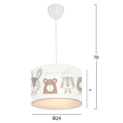 KID'S ROOM CEILING PENDANT LAMP FB97576.01 CYLINDRICAL CAP FABRIC WHITE WITH CUTE ANIMAL FIGURES Φ24x70cm