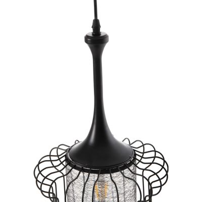 CEILING PENDANT LAMP HM4087 BLACK METAL-WHITE FABRIC Φ24x130Hcm.