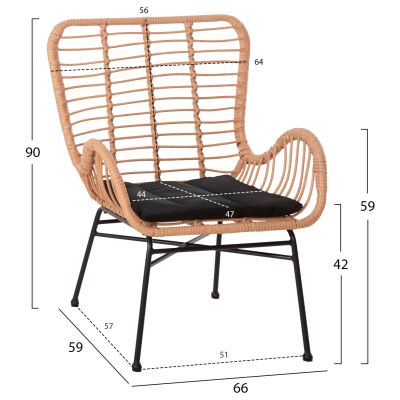 OUTDOOR ARMCHAIR BERGERE STYLE ALLEGRA HM5704.11 P.E.RATTAN BEIGE-BLACK METAL FRAME 66x59x90Hcm.