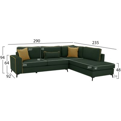 ДИВАН ДЕСЕН ЪГЛОВ DIVA HM3254.17R В КИПАРИСОВО ЗЕЛЕНО ВОДООТБЛЪСТВАЩА ДАМАСКА 290x235x94Hсм.