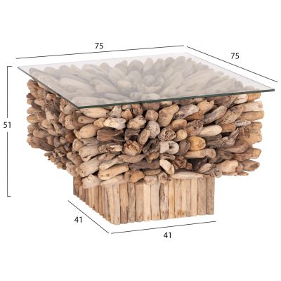 COFFEE TABLE SQUARE SPARROW HM9961 DRIFTWOOD--GLASS 75x75x51Hcm.