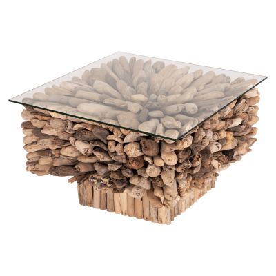 COFFEE TABLE SQUARE SPARROW HM9961 DRIFTWOOD--GLASS 75x75x51Hcm.