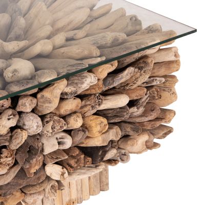 COFFEE TABLE SQUARE SPARROW HM9961 DRIFTWOOD--GLASS 75x75x51Hcm.