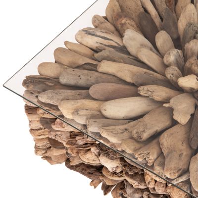 COFFEE TABLE SQUARE SPARROW HM9961 DRIFTWOOD--GLASS 75x75x51Hcm.