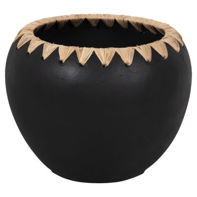 DECORATIVE VASE HM4374 TERRACOTTA IN BLACK WITH STRAW WEAVING ON THE RIM Φ29x23Hcm.