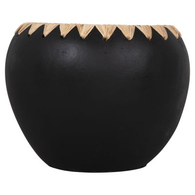 DECORATIVE VASE HM4374 TERRACOTTA IN BLACK WITH STRAW WEAVING ON THE RIM Φ29x23Hcm.
