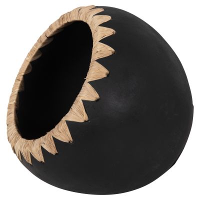 DECORATIVE VASE HM4374 TERRACOTTA IN BLACK WITH STRAW WEAVING ON THE RIM Φ29x23Hcm.