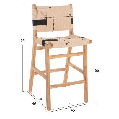 БАРСТОЛ СРЕДЕН НА ВИСОЧИН HM9325.01 КАУЧУКОВО ДЪРВО И ВЪЖЕ- ЕСТЕСТВЕН РУСТИК ЦВЯТ 45x46x95Hcm.