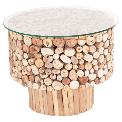 COFFEE TABLE ROUND SPARROW HM9963 DRIFTWOOD--GLASS Φ65x51.5Hcm.