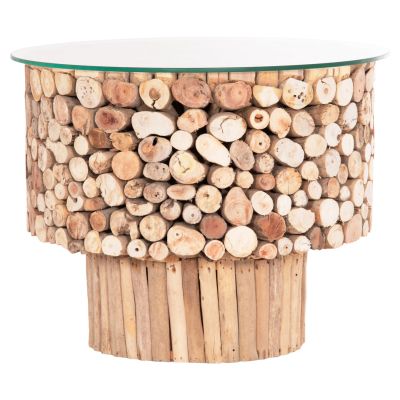 COFFEE TABLE ROUND SPARROW HM9963 DRIFTWOOD--GLASS Φ65x51.5Hcm.