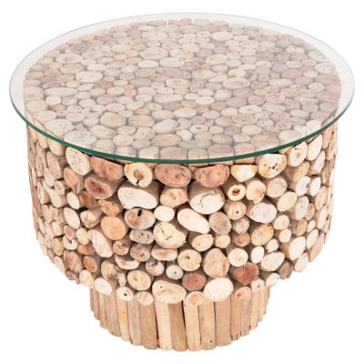 COFFEE TABLE ROUND SPARROW HM9963 DRIFTWOOD--GLASS Φ65x51.5Hcm.