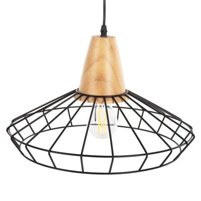 CEILING PENDANT LAMP HM4160 BLACK METAL-WOOD Φ39x117Hcm.