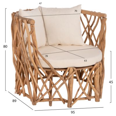 ARMCHAIR KAAN HM5994 TEAK BRANCH IN NATURAL-WHITE CUSHIONS 95x89x80Hcm.