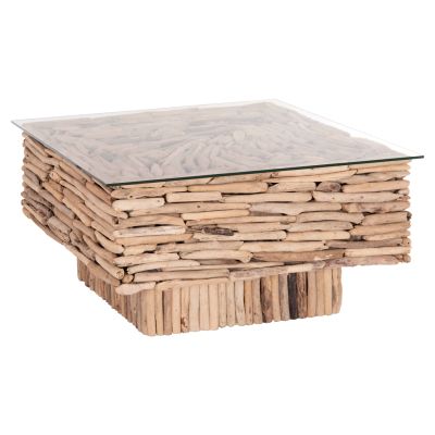 COFFEE TABLE SQUARE SPARROW HM9960 DRIFTWOOD--GLASS 95x95x51,5Hcm.