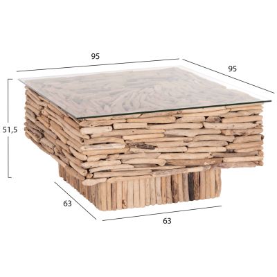 COFFEE TABLE SQUARE SPARROW HM9960 DRIFTWOOD--GLASS 95x95x51,5Hcm.