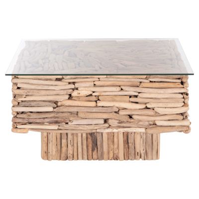 COFFEE TABLE SQUARE SPARROW HM9960 DRIFTWOOD--GLASS 95x95x51,5Hcm.