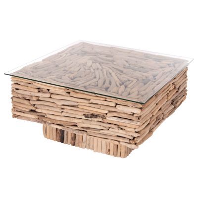 COFFEE TABLE SQUARE SPARROW HM9960 DRIFTWOOD--GLASS 95x95x51,5Hcm.