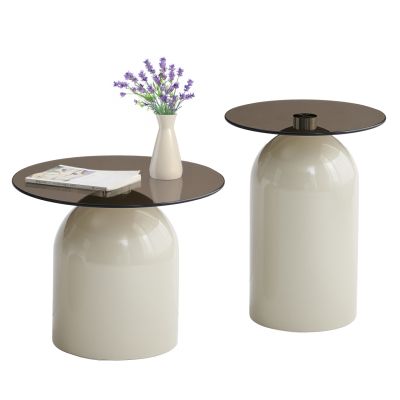 SET 2 COFFEE TABLES BELLINS HM18314.04 BEIGE METAL BASES--GLASS TOPS Φ50cm & Φ40cm