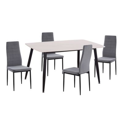 DINING SET 5PCS RAVEN HM21071.03 CERAMIC TOP WHITE MARBLE--GREY VELVET
