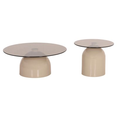 SET 2 COFFEE TABLES BELLINS HM18314.04 BEIGE METAL BASES--GLASS TOPS Φ50cm & Φ40cm