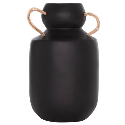 DECORATIVE VASE MIBO HM4688.01M TERRACOTTA IN BLACK--HANDLES NATURAL RATTAN Φ16.5x26Hcm.