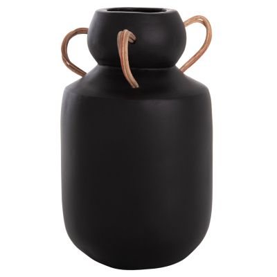 DECORATIVE VASE MIBO HM4688.01M TERRACOTTA IN BLACK--HANDLES NATURAL RATTAN Φ16.5x26Hcm.