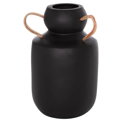 DECORATIVE VASE MIBO HM4688.01M TERRACOTTA IN BLACK--HANDLES NATURAL RATTAN Φ16.5x26Hcm.